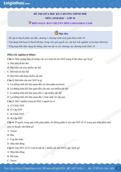 Đề thi giữa kì 1 Sinh 10 Cánh diều - Đề số 8